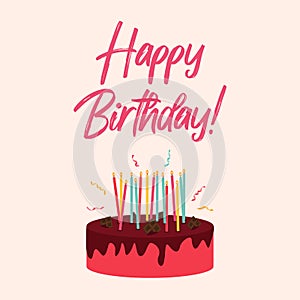 Cute Happy Birthday Background with Gift Box  Cake and Candles. Design Element for Party Invitation  Congratulation. Vector