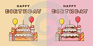 Cute happy birthday card with cake, balloons. and giftbox in brown and pink color background.