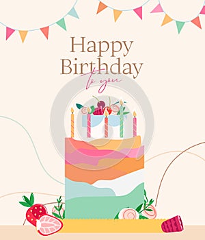 cute happy birthday card with cake, fruit and candles. vector illustration