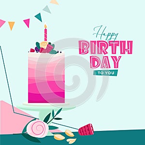 cute happy birthday card with cake, fruit and candles. vector illustration. Mid-Century Modern style