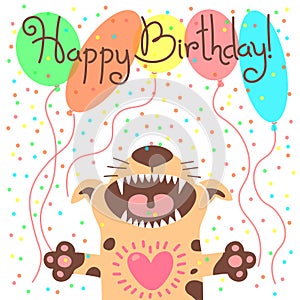 Cute happy birthday card with funny puppy.