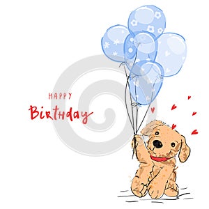 Cute happy birthday card with funny puppy and balloons