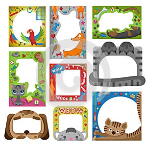 Cute happy birthday pets photo frame vector illustration.