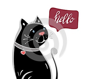 Cute happy black Cat character holding flower with lettering calligraphy text. Hand drawn, vector romantic illustration. cartoon