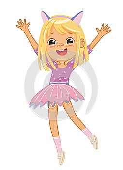Cute happy blond girl jumping and dancing cheerfully on a white background. Laughing school girl, vector background for