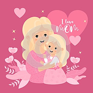 Cute happy blonde woman mother with her daughter on pink background. Holiday postcard with Mothers confession and