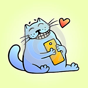 Cute happy blue cat hugs a smartphone. Vector Illustration.