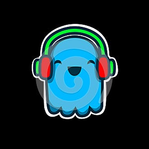 Cute happy blue ghost Doodle wearing headphone