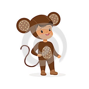 Cute happy boy dressed as a monkey, kids carnival costume vector Illustration