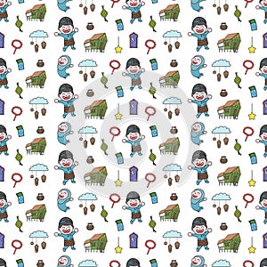 Cute happy boy and girl, Selamat Hari Raya meaning Eid Mubarak seamless pattern doodles