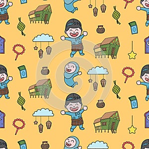 Cute happy boy and girl, Selamat Hari Raya meaning Eid Mubarak seamless pattern doodles