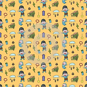 Cute happy boy and girl, Selamat Hari Raya meaning Eid Mubarak seamless pattern doodles