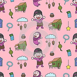 Cute happy boy and girl, Selamat Hari Raya meaning Eid Mubarak seamless pattern doodles