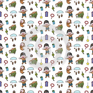 Cute happy boy and girl, Selamat Hari Raya meaning Eid Mubarak seamless pattern doodles