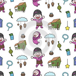 Cute happy boy and girl, Selamat Hari Raya meaning Eid Mubarak seamless pattern doodles