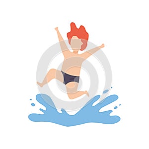 Cute Happy Boy Jumping in Water, Kid Having Fun on Beach on Summer Holidays Vector Illustration