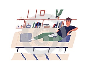 Cute happy boy lying on comfy couch with his cat. Young smiling man relaxing on cozy sofa at home. Cheerful male cartoon