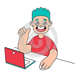 Cute happy boy is sitting at the computer. Vector.