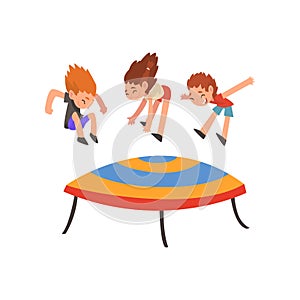 Cute Happy Boys and Girl Jumping on Trampoline, Smiling Little Kids Bouncing and Having Fun Cartoon Vector Illustration