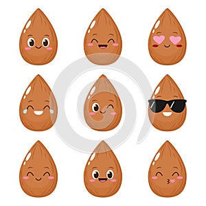 Cute happy brown almond character set