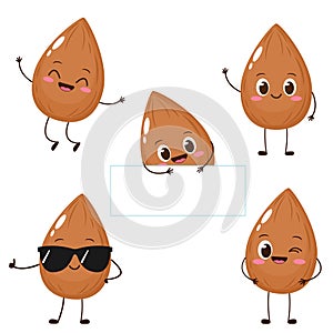 Cute happy brown almond character set