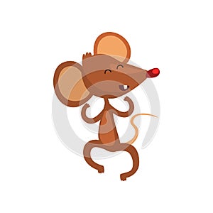 Cute happy brown mouse jumping and smiling happily, funny rodent character cartoon vector Illustration on a white