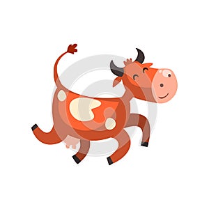 Cute happy brown spotted cow jumping, funny farm animal cartoon character vector Illustration on a white background