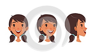 Cute Happy Brunette Girl Set, Different View of Girl Face, Front, Profile Side and Three Quarter View Cartoon Style