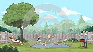 Cute happy cartoon children jumping into a swimming pool