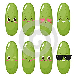 Cute happy cartoon cucumber character set