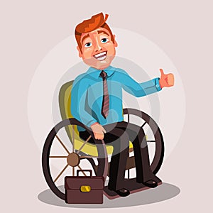 Cute, happy, cartoon disabled men character in a wheelchair, succesful businessman