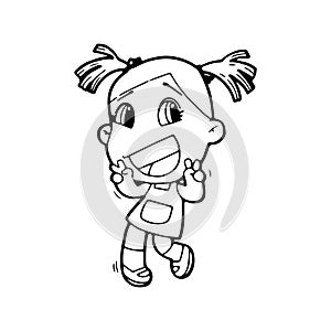 Cute happy cartoon doodle girl kids, child drawing sketch, children character isolated Vector Illustration on white background