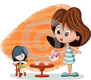 Cute happy cartoon girl playing with doll.