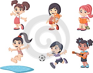 Cute happy cartoon girls playing.