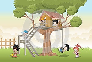 Cute happy cartoon kids playing in house tree