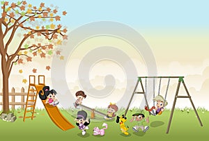 Cute happy cartoon kids playing in playground photo