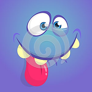 Cute happy cartoon monster face with big eyes showing tongue. Vector Halloween blue monster.