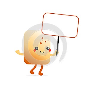 Cute and happy cartoon style golden brown toasted marshmallow character holding in hand sign, card, banner