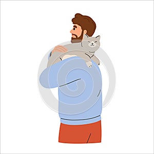 Cute happy cat lying on guy shoulder. Man caring about lovely adorable kitty