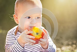 Cute, happy child (baby boy) with red organic apple in the sunny day. Kid eating healthy food, snack.