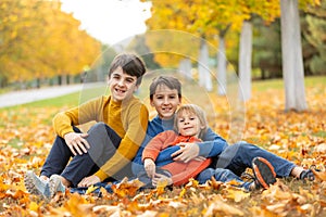 Cute happy children, siblings, boys, playing with knitted toys in the park, autumntime