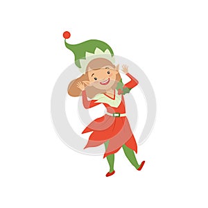 Cute happy Christmas elf girl, little Santa Claus helper vector Illustration on a white background