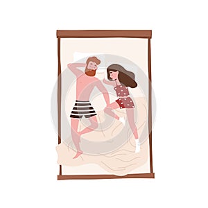 Cute happy couple lying in comfy bed. Funny man and woman sleeping at night. Girl and boy napping, slumbering or dozing