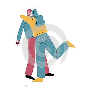 Happy woman in blue jeans hugging man lovingly. Vector illustration in flat cartoon style.