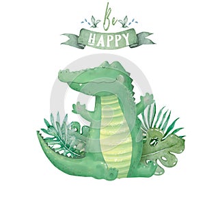 Cute happy crocodile. Hand drawn watercolor cartoon illustration with jungle leaves and palm leaf on white background