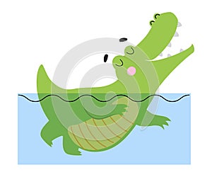 Cute Happy Crocodile Swimming in Water, Funny Alligator Predator Green Animal Character Cartoon Style Vector