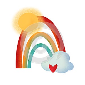 A cute and happy digital illustration with rainbows, clouds and the sun