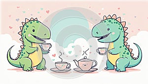 Cute happy dinosaur teatime