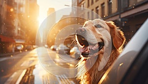 Cute happy dog enjoying car ride with head out of window, motion blur background, focus on dogs face