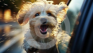Cute happy dog with head out of car window enjoying high speed ride with motion blurred background